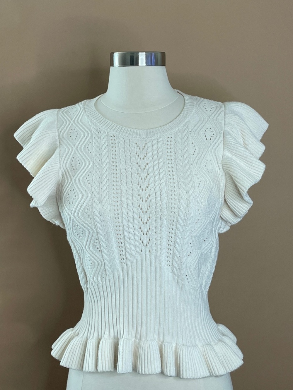Express White Knit Ruffle Sleeve Top S Feminine Peplum Sweater
